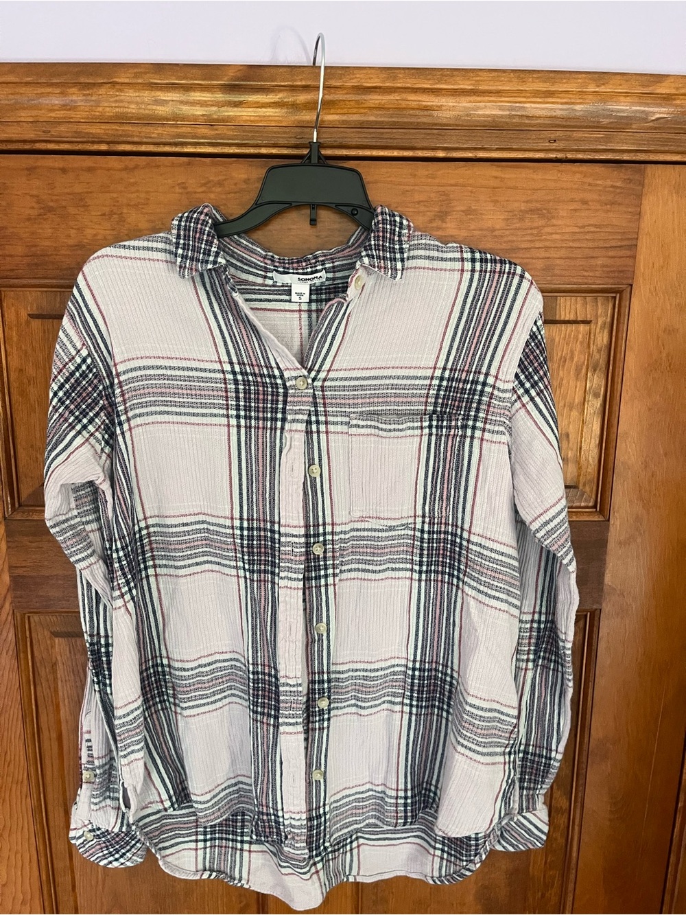 Sonoma White Plaid Button-Down Shirt with Black and Red Stripes
